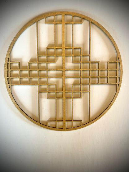Boho Modern Frank Lloyd Wright-Inspired Chinese Symbols Circles 4-Panel Wood Wall Art