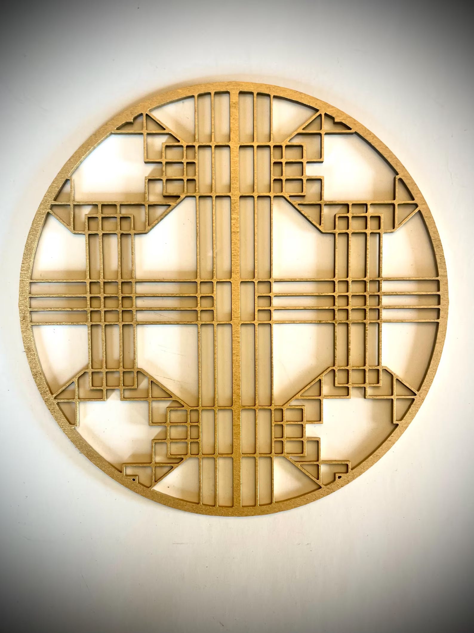 Boho Modern Frank Lloyd Wright-Inspired Chinese Symbols Circles 4-Panel Wood Wall Art