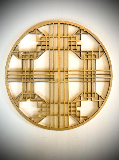Boho Modern Frank Lloyd Wright-Inspired Chinese Symbols Circles 4-Panel Wood Wall Art