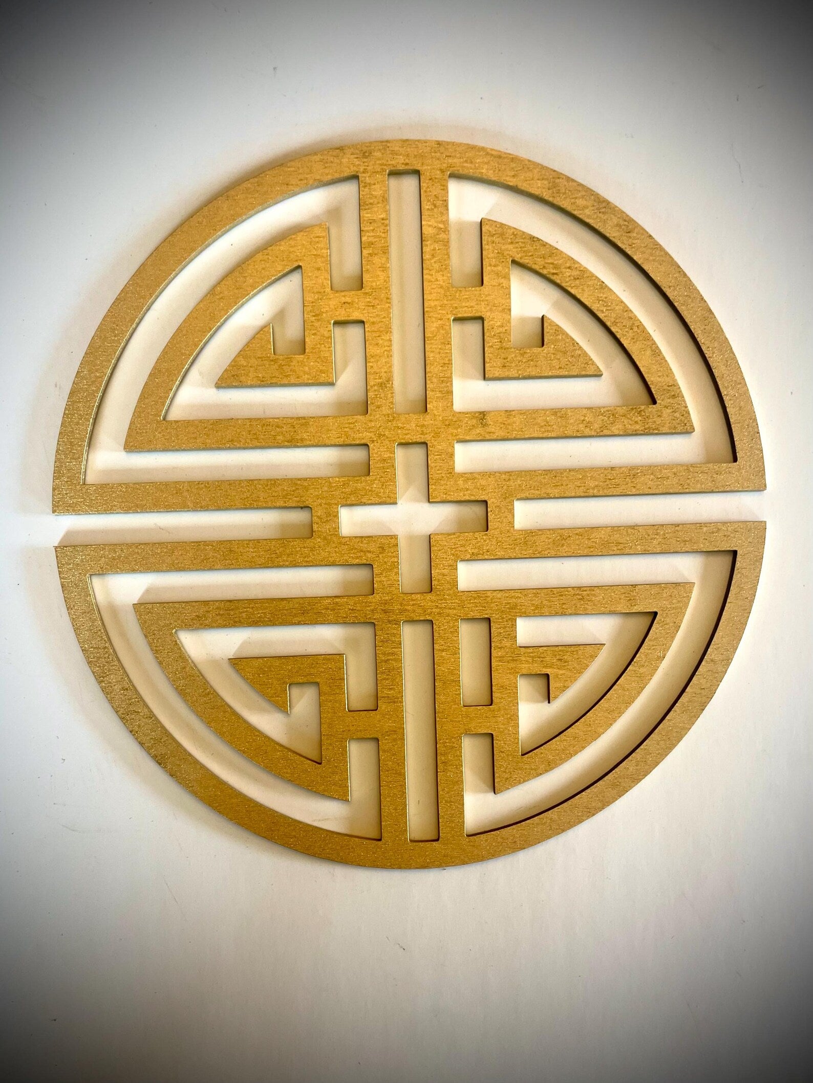 Boho Modern Frank Lloyd Wright-Inspired Chinese Symbols Circles 4-Panel Wood Wall Art