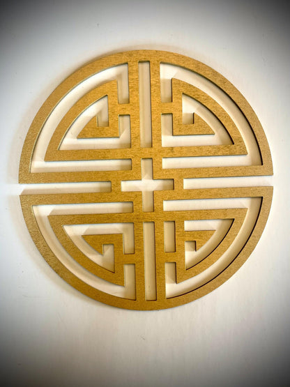Boho Modern Frank Lloyd Wright-Inspired Chinese Symbols Circles 4-Panel Wood Wall Art