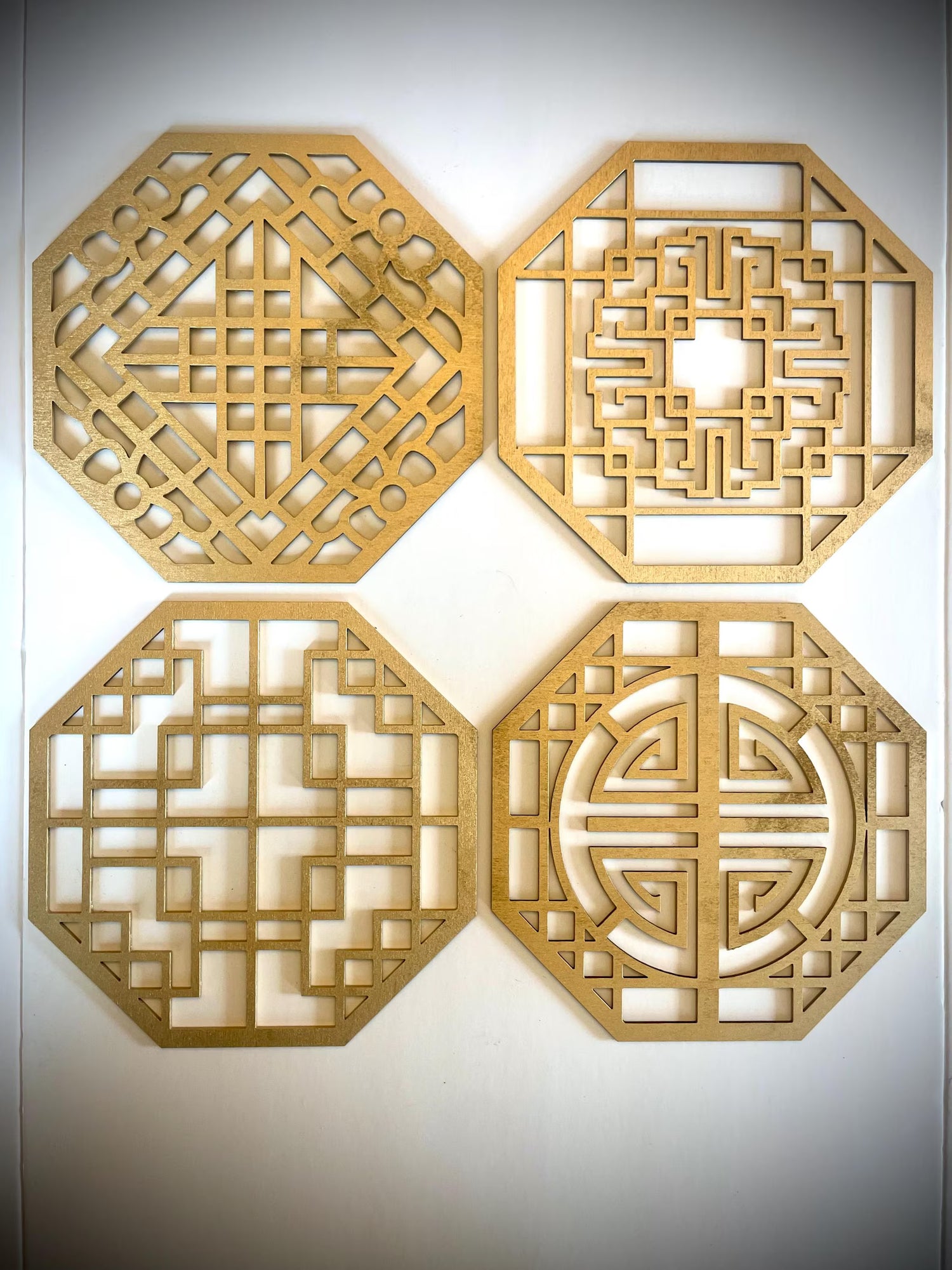 Boho Modern Frank Lloyd Wright-Inspired Chinese Symbols Hexagons 4-Panel Wood Wall Art