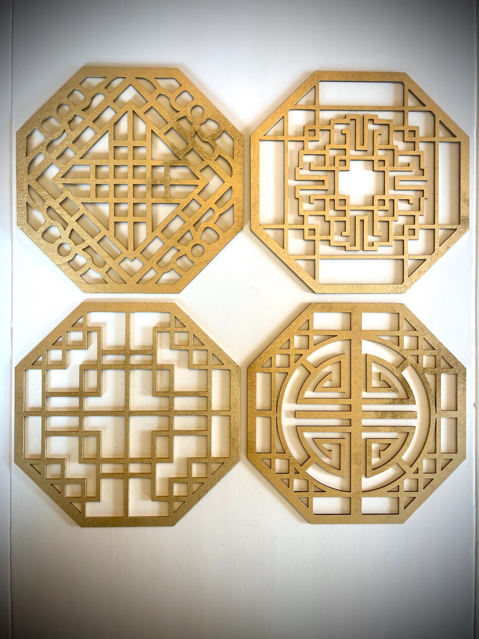 Boho Modern Frank Lloyd Wright-Inspired Chinese Symbols Hexagons 4-Panel Wood Wall Art