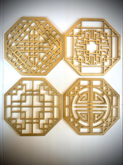 Boho Modern Frank Lloyd Wright-Inspired Chinese Symbols Hexagons 4-Panel Wood Wall Art