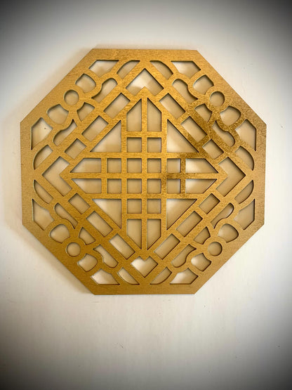 Boho Modern Frank Lloyd Wright-Inspired Chinese Symbols Hexagons 4-Panel Wood Wall Art