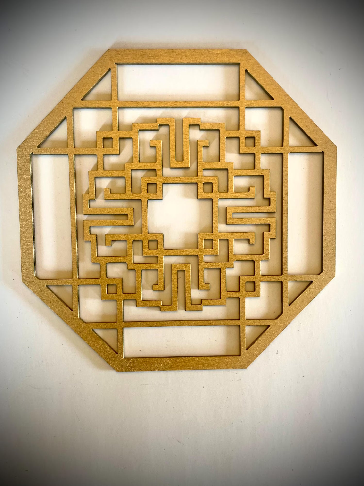 Boho Modern Frank Lloyd Wright-Inspired Chinese Symbols Hexagons 4-Panel Wood Wall Art