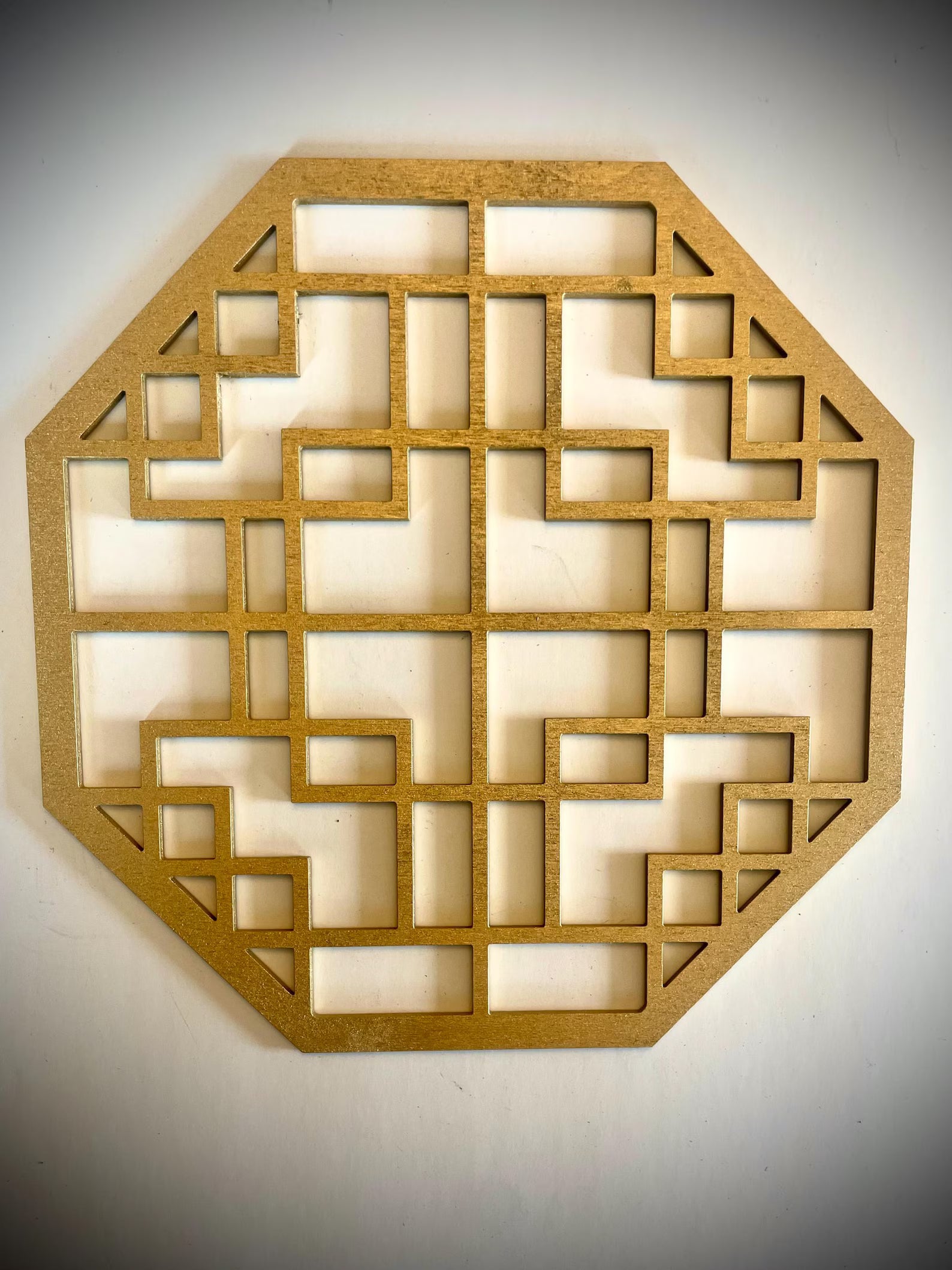 Boho Modern Frank Lloyd Wright-Inspired Chinese Symbols Hexagons 4-Panel Wood Wall Art