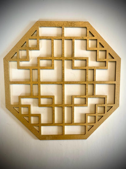 Boho Modern Frank Lloyd Wright-Inspired Chinese Symbols Hexagons 4-Panel Wood Wall Art