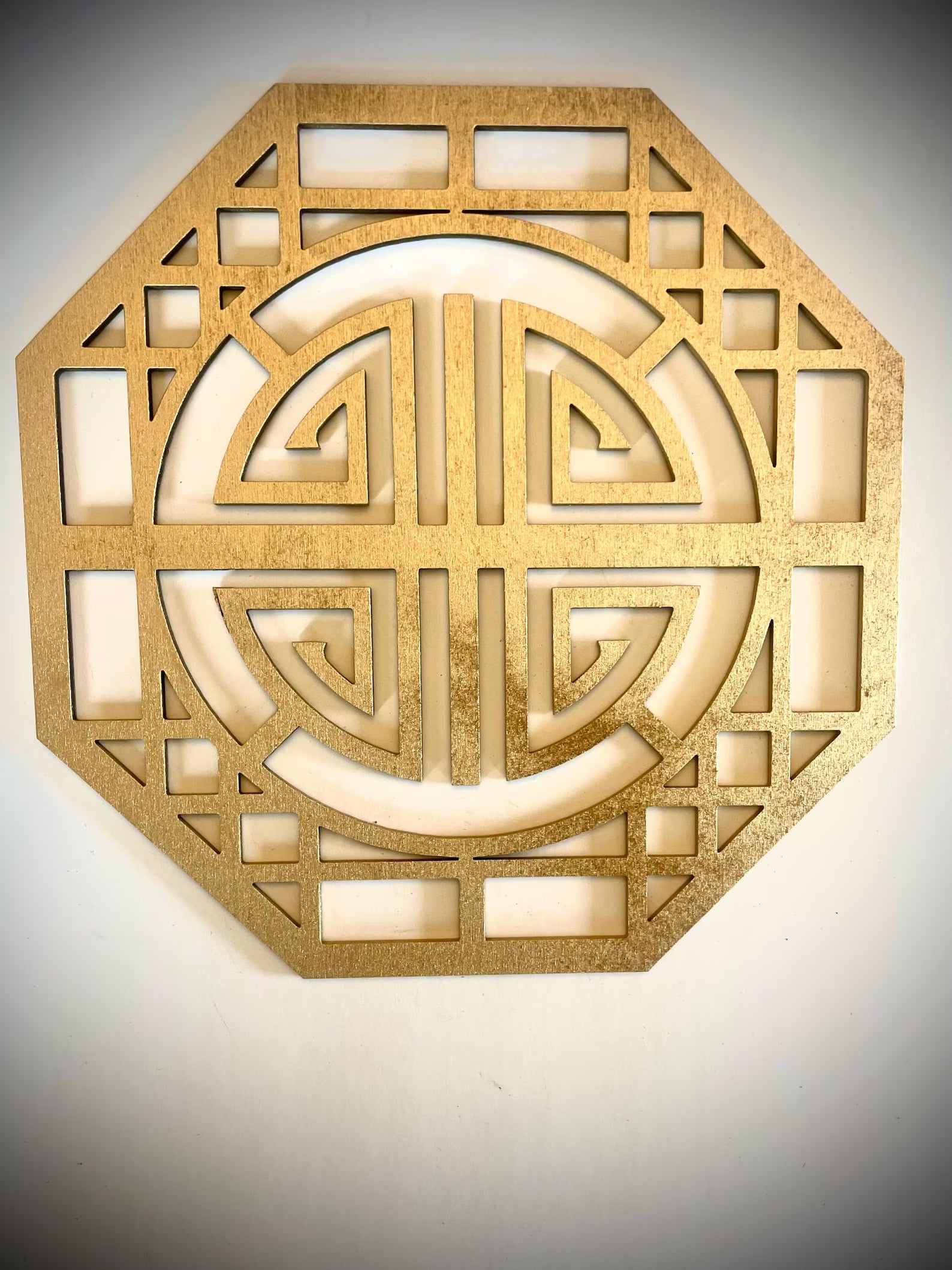Boho Modern Frank Lloyd Wright-Inspired Chinese Symbols Hexagons 4-Panel Wood Wall Art