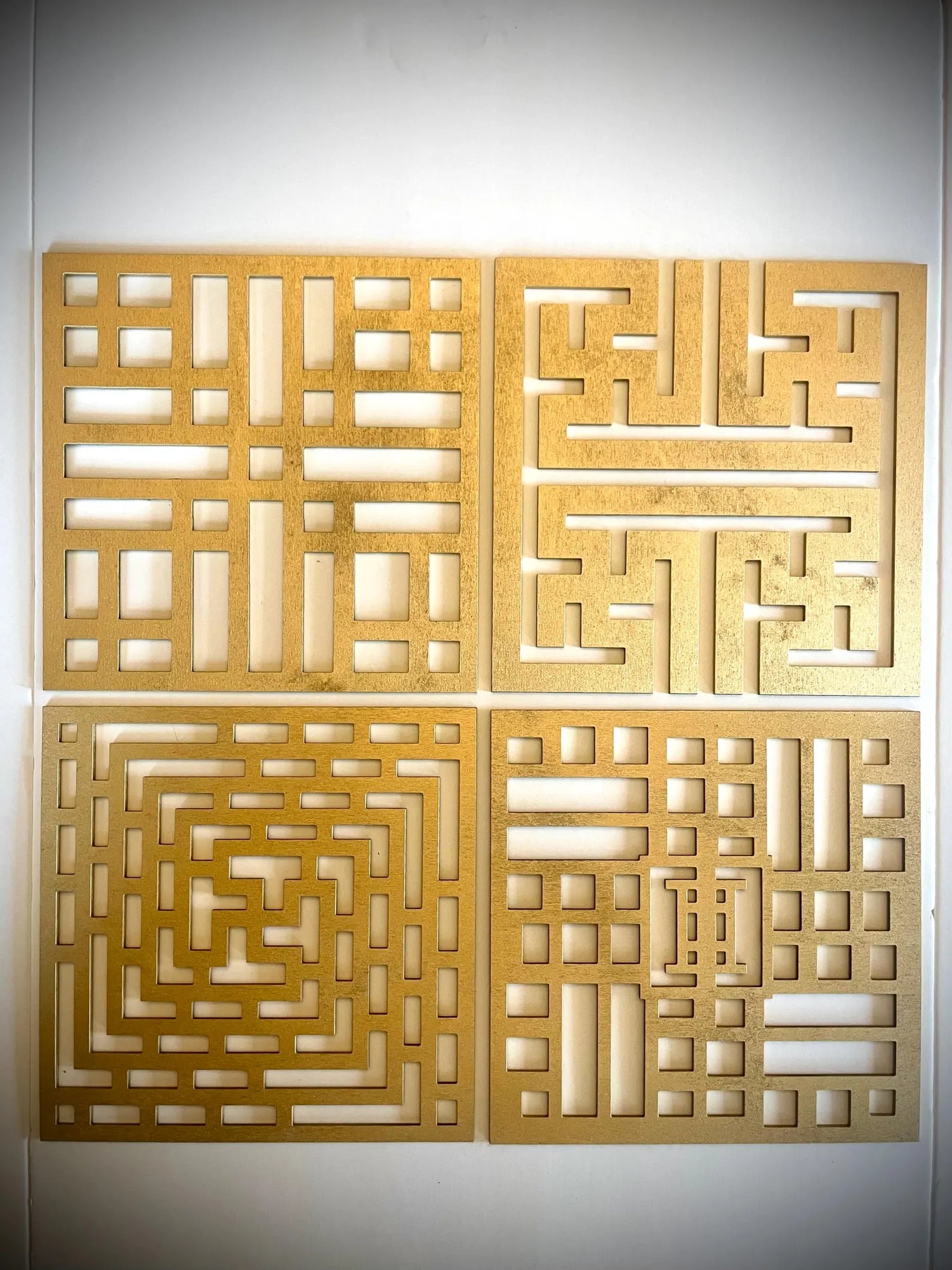 Boho Modern Frank Lloyd Wright-Inspired Chinese Symbols Squares 4-Panel Wood Wall Art