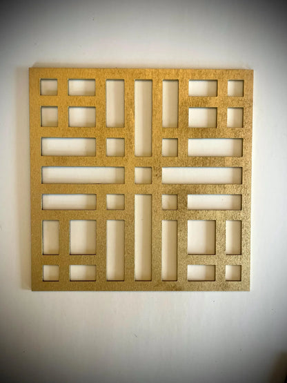 Boho Modern Frank Lloyd Wright-Inspired Chinese Symbols Squares 4-Panel Wood Wall Art