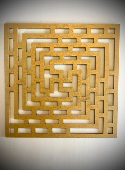Boho Modern Frank Lloyd Wright-Inspired Chinese Symbols Squares 4-Panel Wood Wall Art