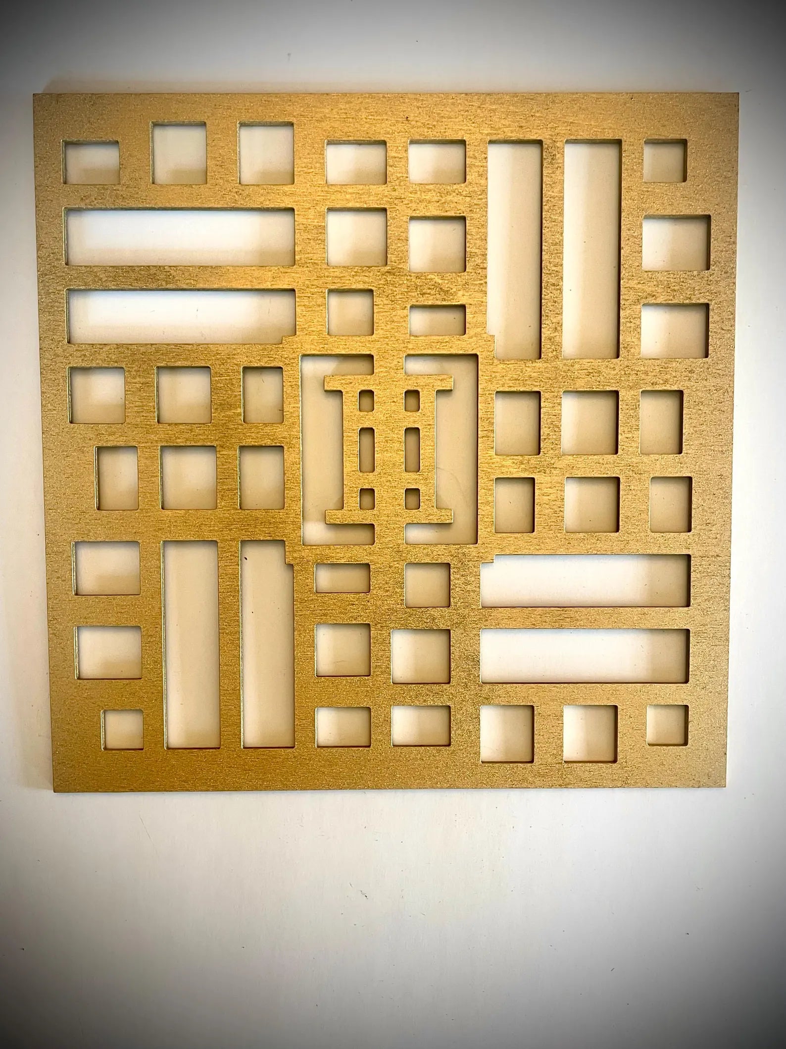 Boho Modern Frank Lloyd Wright-Inspired Chinese Symbols Squares 4-Panel Wood Wall Art