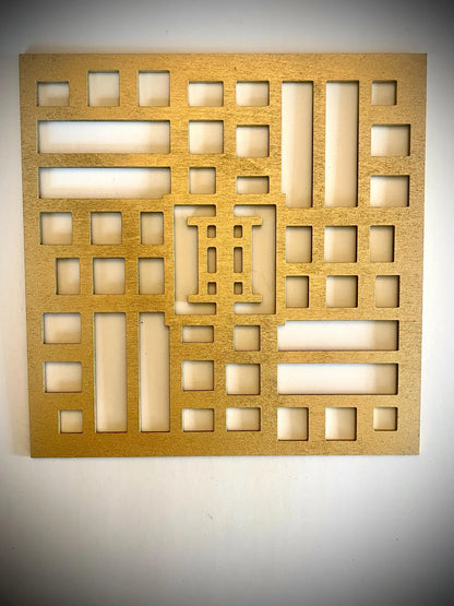 Boho Modern Frank Lloyd Wright-Inspired Chinese Symbols Squares 4-Panel Wood Wall Art