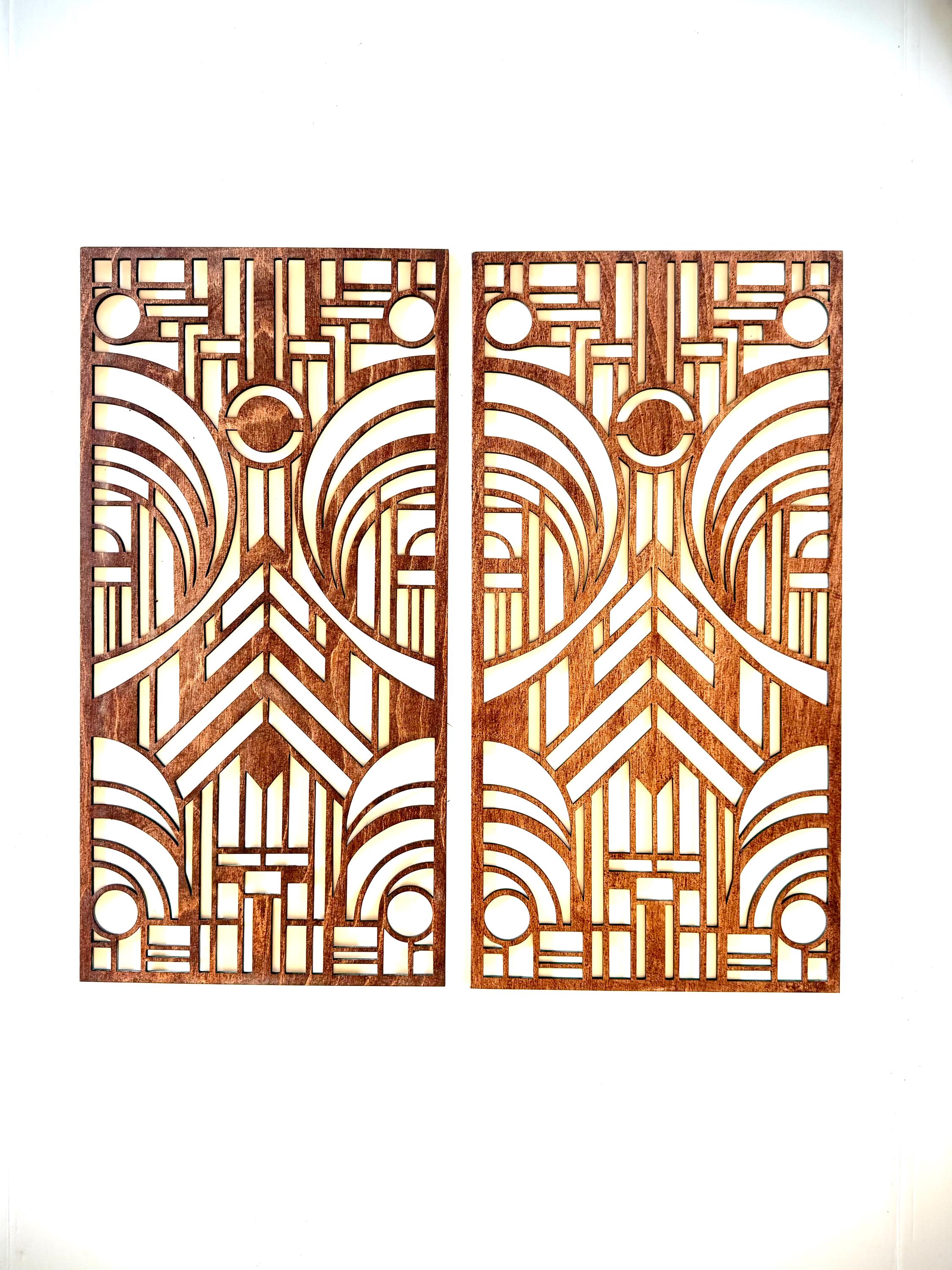 Boho Modern Frank Lloyd Wright-Inspired Art Deco Geometry 2-Panel Wood Wall Art, Set AA
