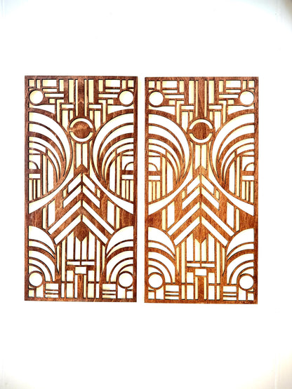 Boho Modern Frank Lloyd Wright-Inspired Art Deco Geometry 2-Panel Wood Wall Art, Set AA