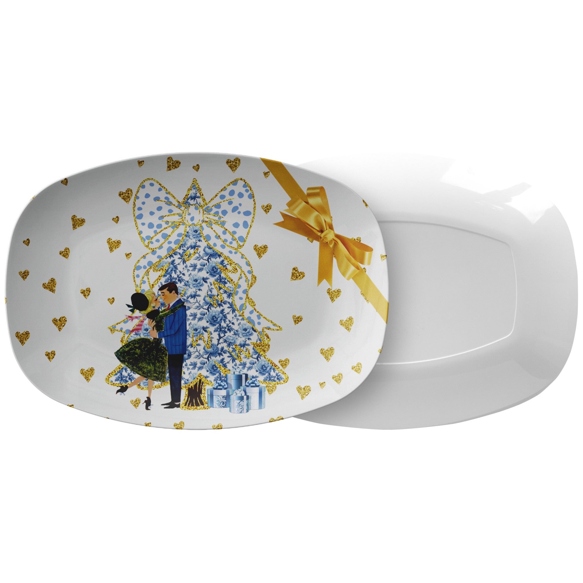 Chinoiserie Christmas Platter,Blue And White Chinoiserie Grandmillenial Coquette Tree, Vintage Couple MCM Christmas - Mid Century Modern Gal