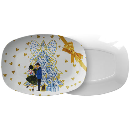 Chinoiserie Christmas Platter,Blue And White Chinoiserie Grandmillenial Coquette Tree, Vintage Couple MCM Christmas - Mid Century Modern Gal