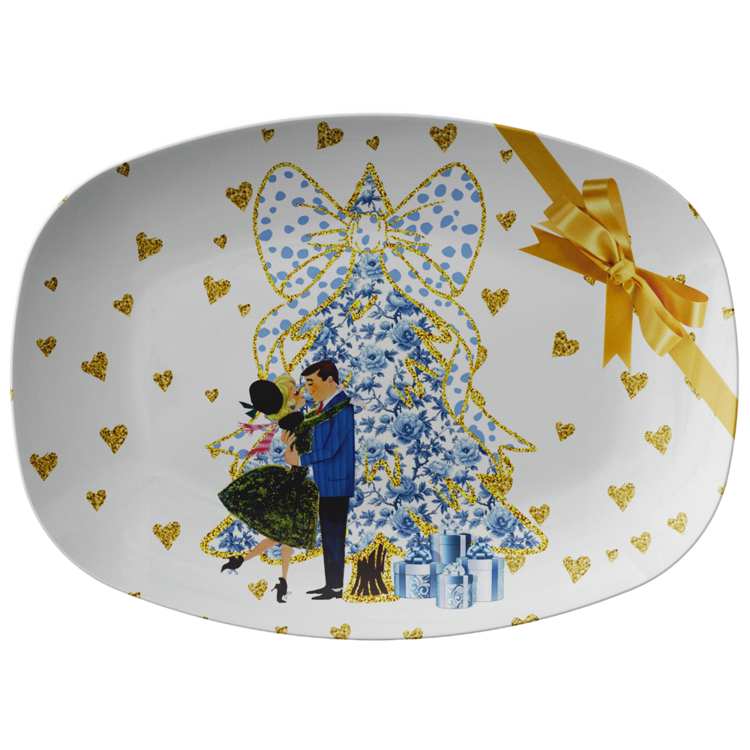 Chinoiserie Christmas Platter,Blue And White Chinoiserie Grandmillenial Coquette Tree, Vintage Couple MCM Christmas