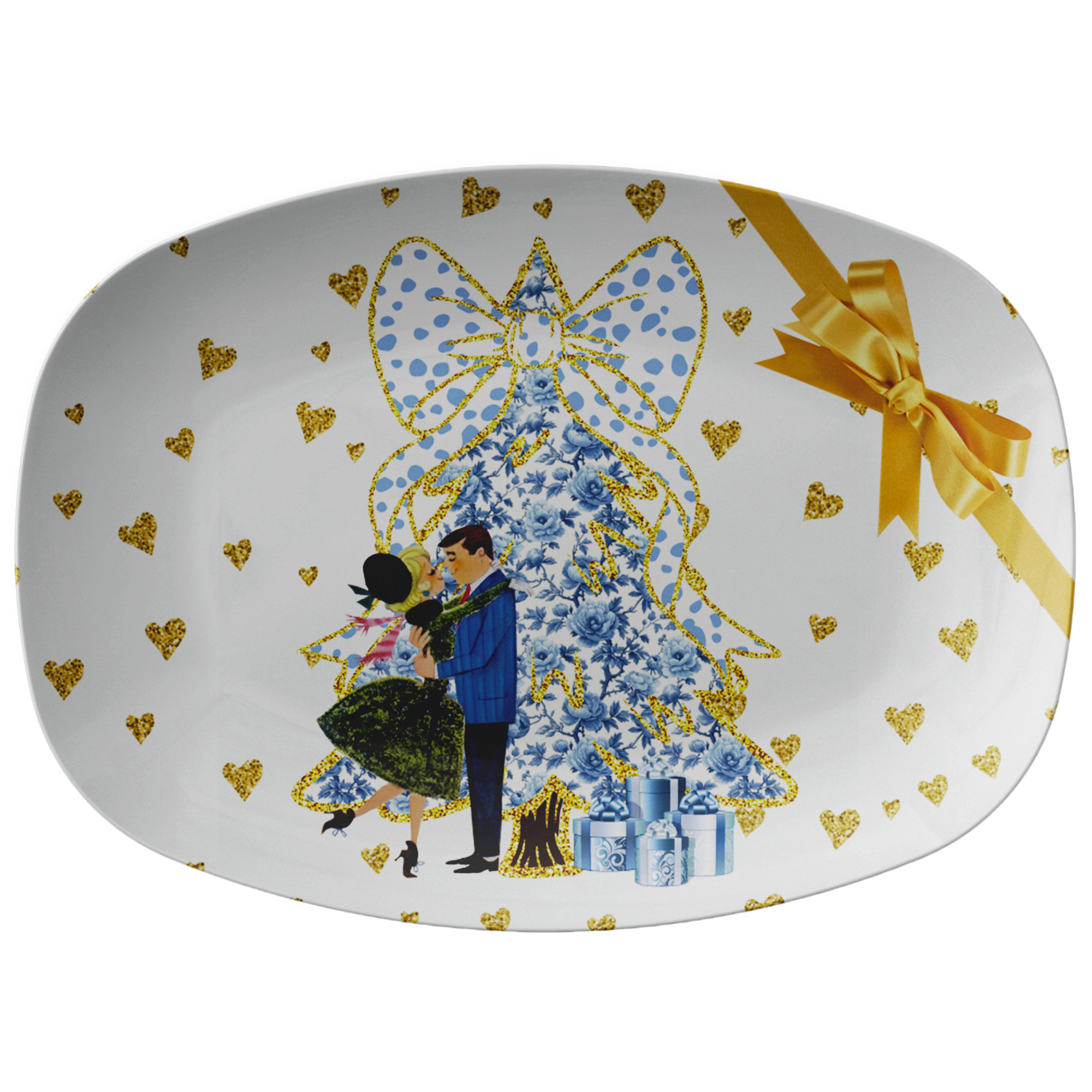 Chinoiserie Christmas Platter,Blue And White Chinoiserie Grandmillenial Coquette Tree, Vintage Couple MCM Christmas