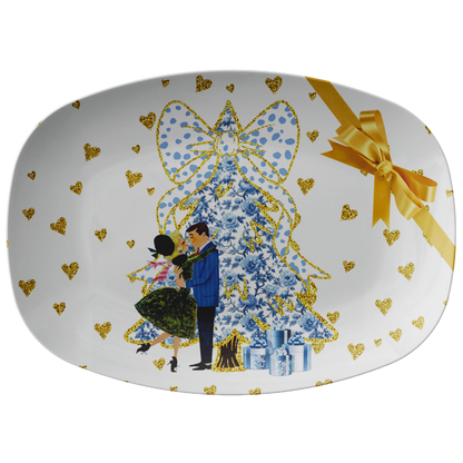 Chinoiserie Christmas Platter,Blue And White Chinoiserie Grandmillenial Coquette Tree, Vintage Couple MCM Christmas