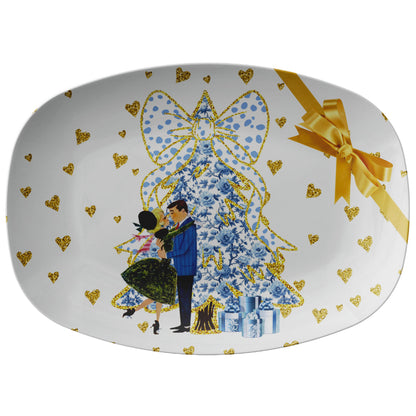 Chinoiserie Christmas Platter,Blue And White Chinoiserie Grandmillenial Coquette Tree, Vintage Couple MCM Christmas - Mid Century Modern Gal