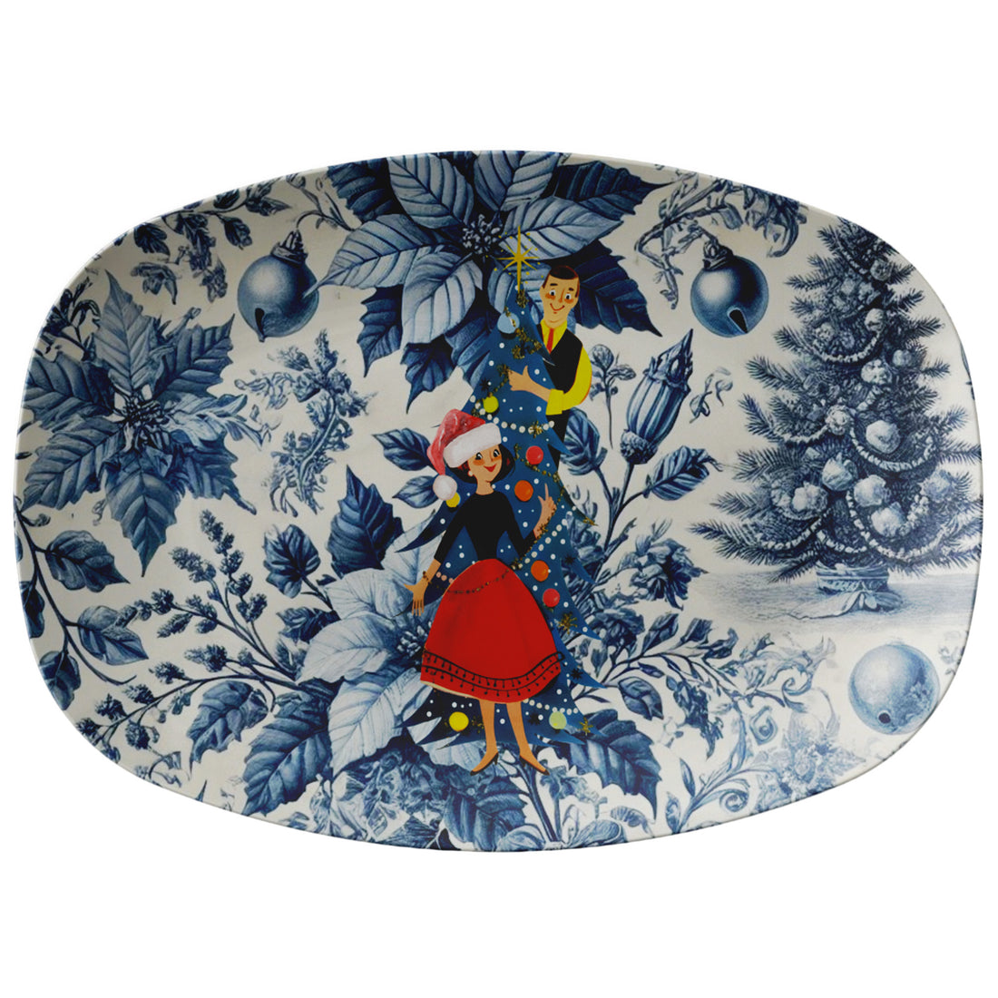 Chrisrmas Blue And White Toile Kitschy Mod 50s Couple Vintage Inspired Holiday Christmas Party Platter - Mid Century Modern Gal