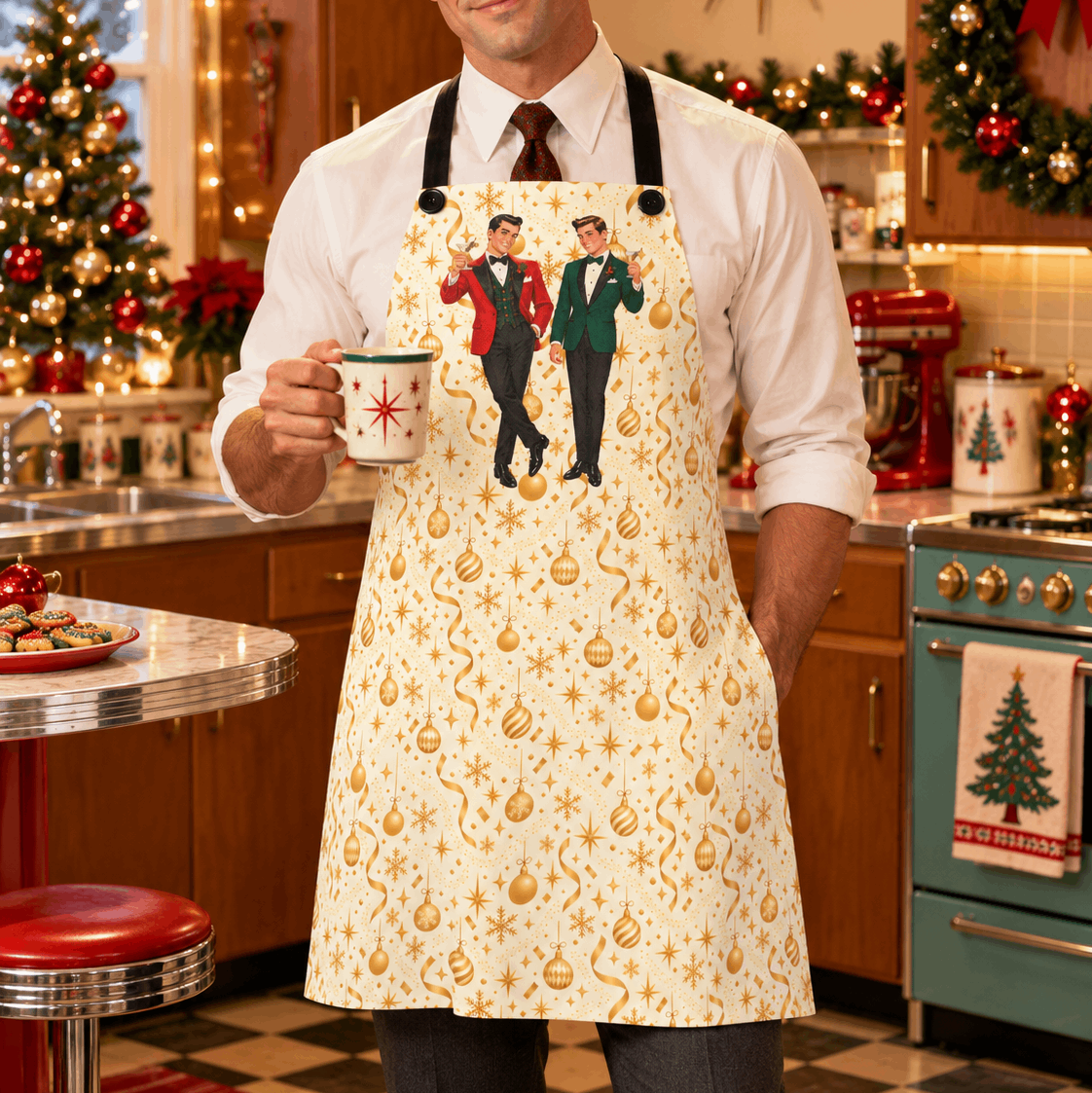 Mid Century Modern Christmas Martini Dapper Gay Male Couple Apron
