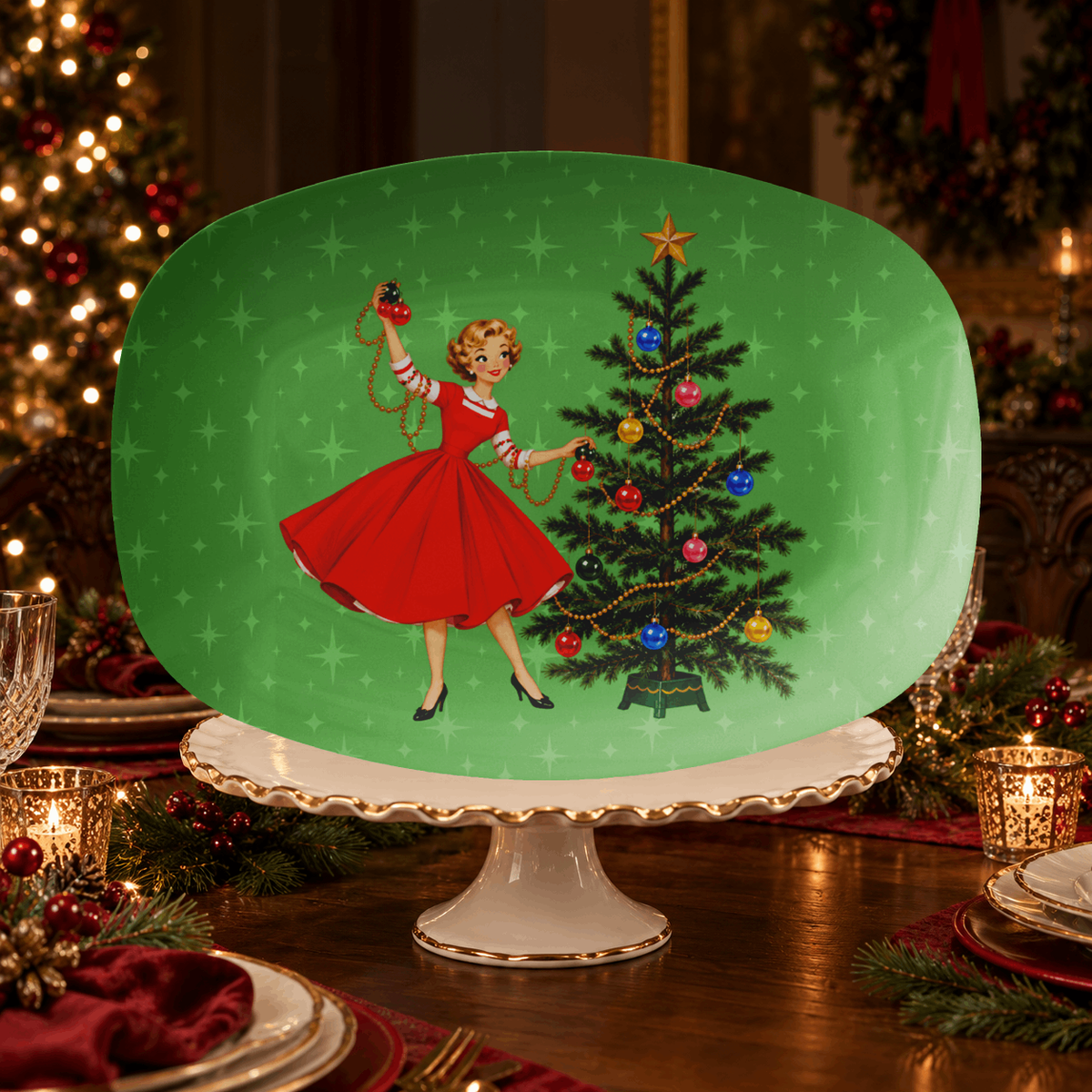 Mid Century Modern Gal Decorating Christmas Tree, Green Atomic Starbursts Party Platter