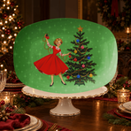 Mid Century Modern Gal Decorating Christmas Tree, Green Atomic Starbursts Party Platter