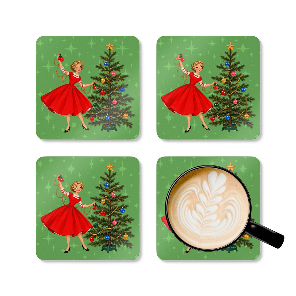 Mid Century Modern Gal Decorating Christmas Tree, Green Atomic Starbursts Corkwood Coaster Set
