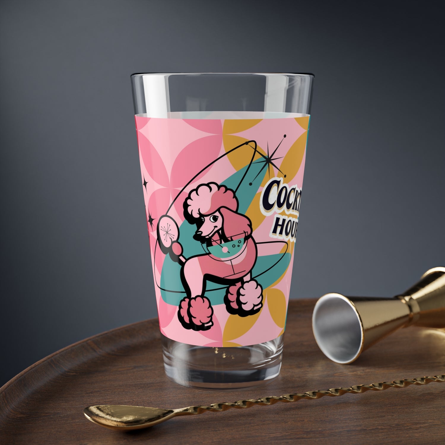 Atomic Cocktail Hour, Mid Mod Pink Poodle Retro Cocktail Mixing Glass - 16oz with Poodle Design - Mid Century Modern Gal