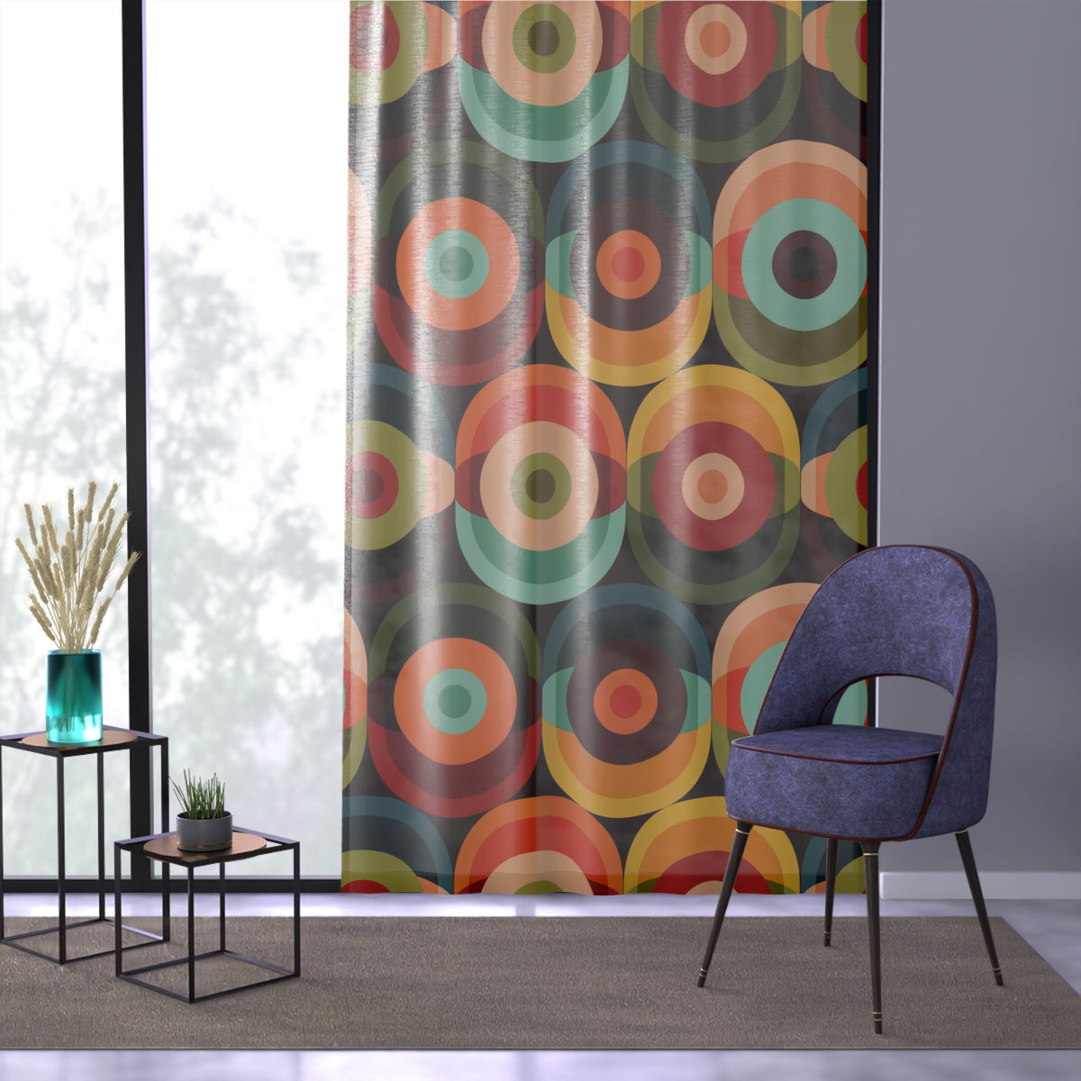 70'S Retro, Groovy Vibe, Brown, Orange, Yellow, Green, Brown, Aqua, Teal, Hippie Style Custom Curtains - Mid Century Modern Gal