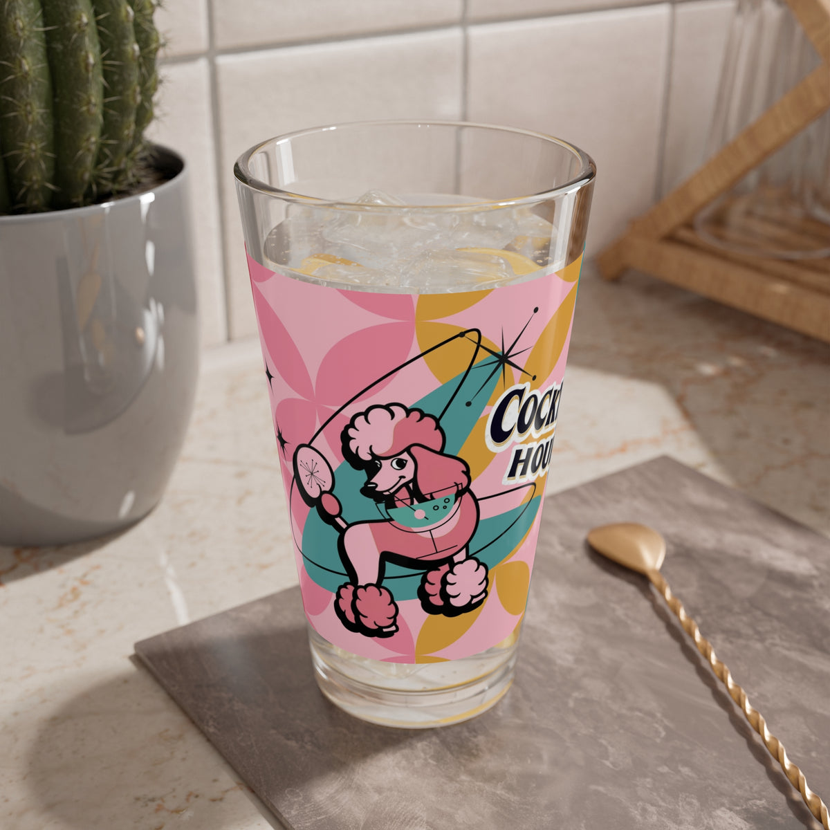 Atomic Cocktail Hour, Mid Mod Pink Poodle Retro Cocktail Mixing Glass - 16oz with Poodle Design - Mid Century Modern Gal