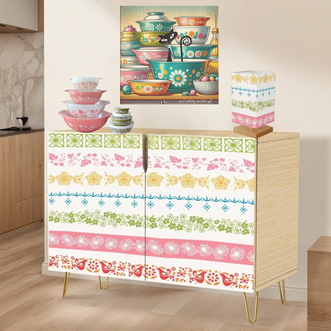 Pyrex Lover Collector, Side Board Credenza Display Wooden Storage Cabinet - Mid Century Modern Gal