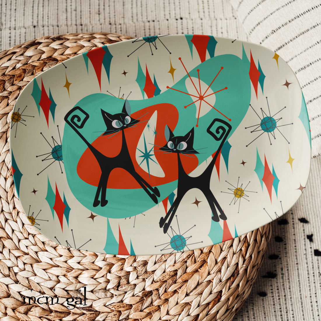 Atomic Cat Platter, Tini Time Cocktail Hour Mid Century Modern Barware Party Platter