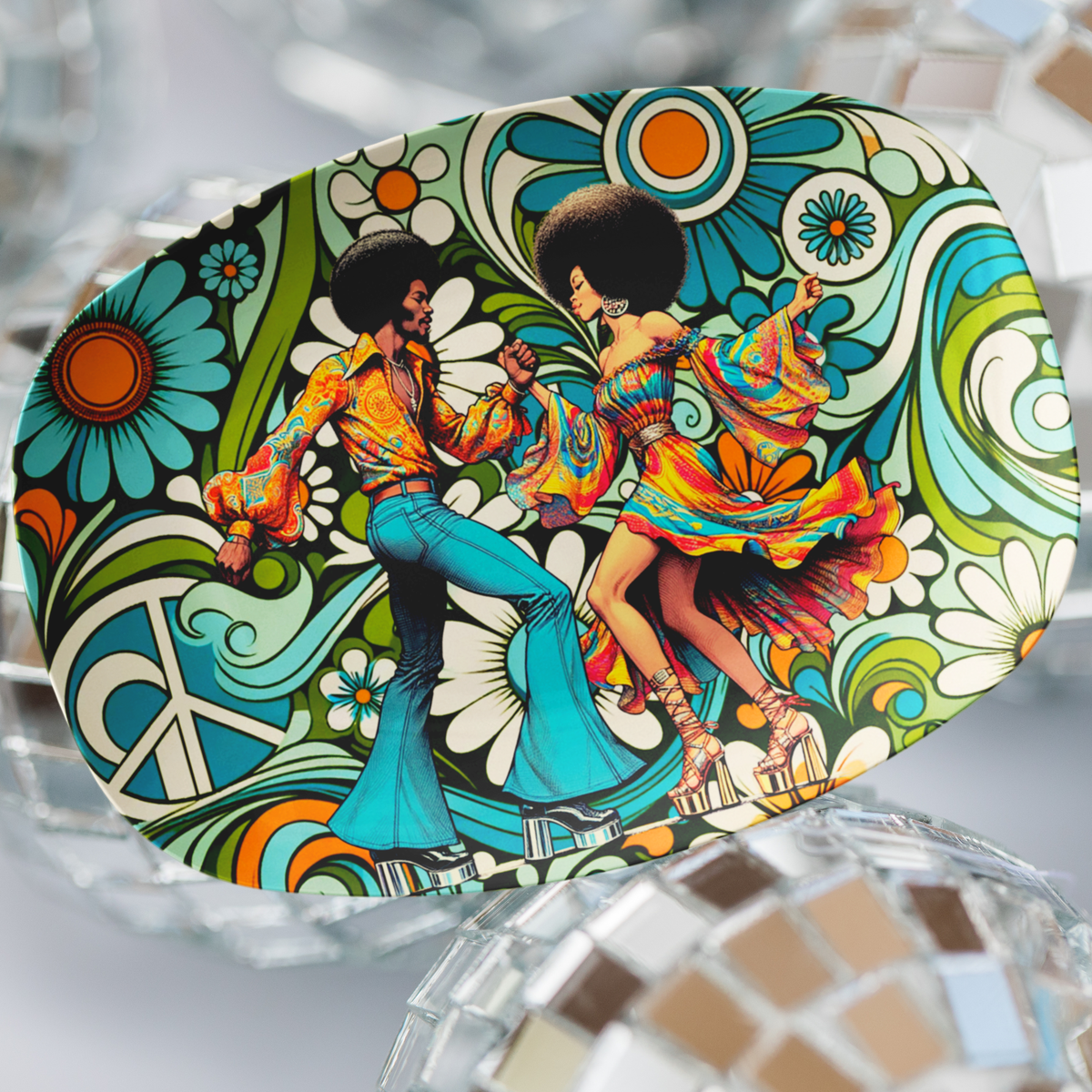 70's Retro Disco Party, Flower Power, Groovy Black Couple Wedding, Anniversary Party Platter - Mid Century Modern Gal