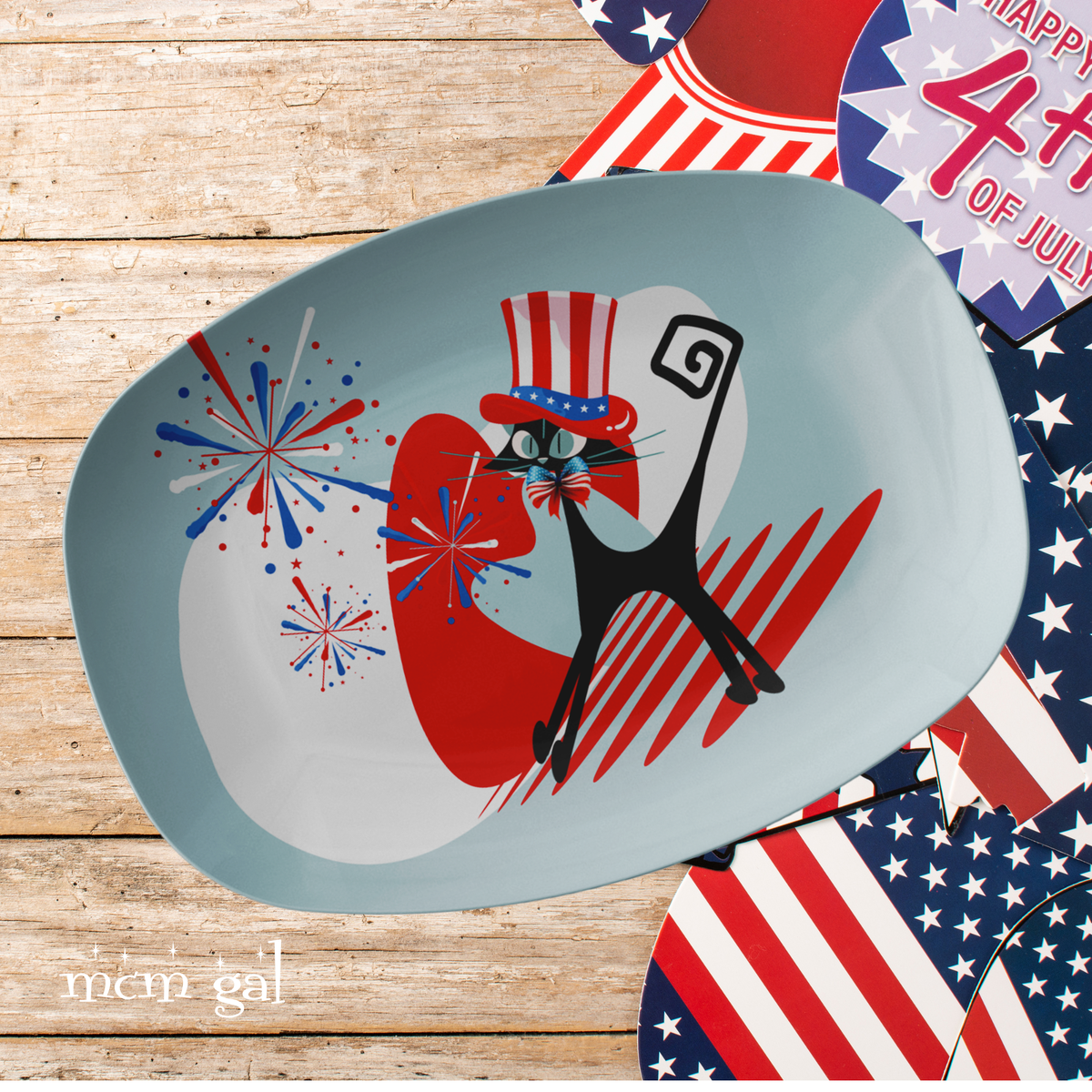 4th Of July BBQ Platter, Patriotic Atomic Kittie, Mid Mod Party Platter - Mid Century Modern Gal