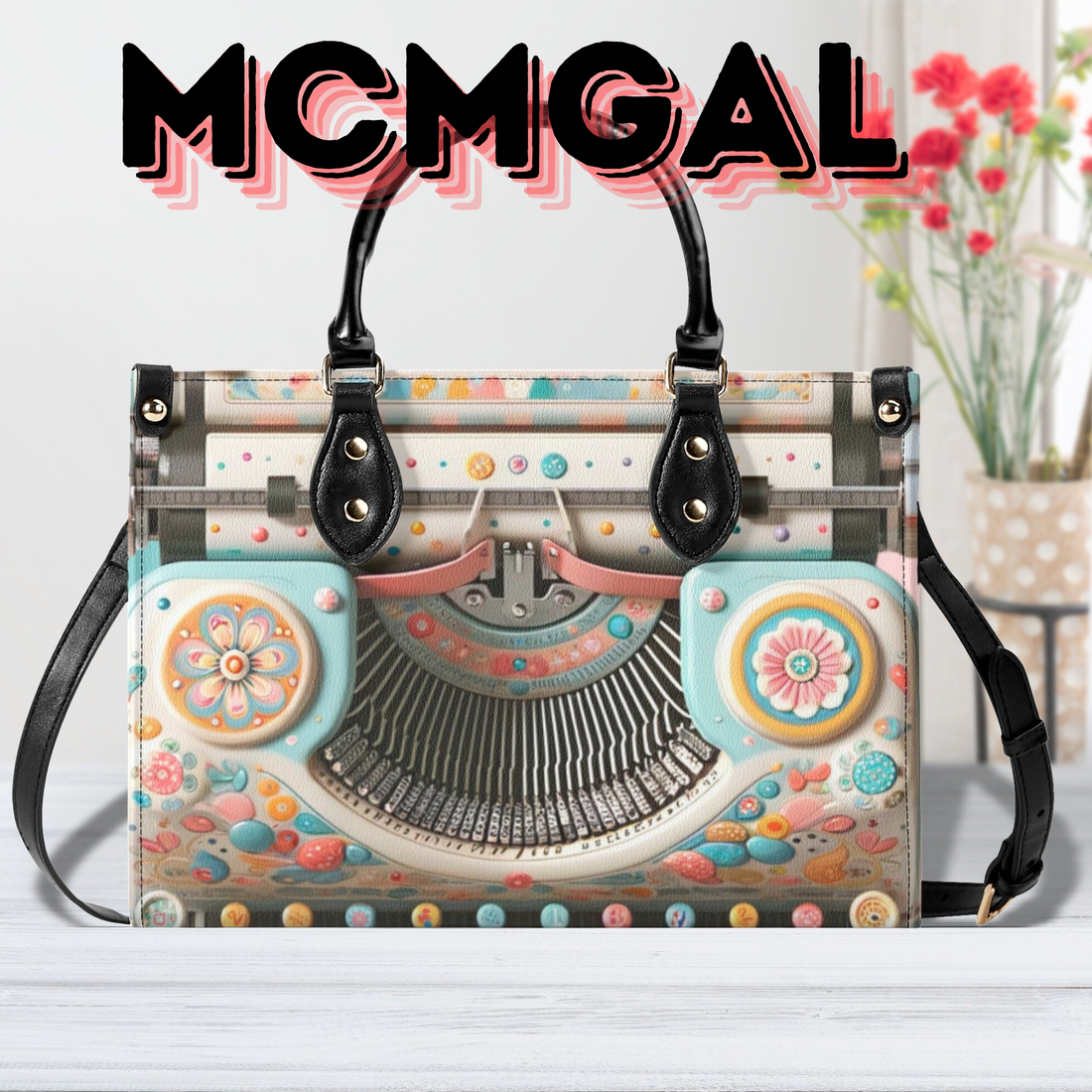 Mid Mod Kitschy Style Retro Typewriter Hand Bag-Shoulder Bag Combo in Pink, Aqua And Blue - Mid Century Modern Gal