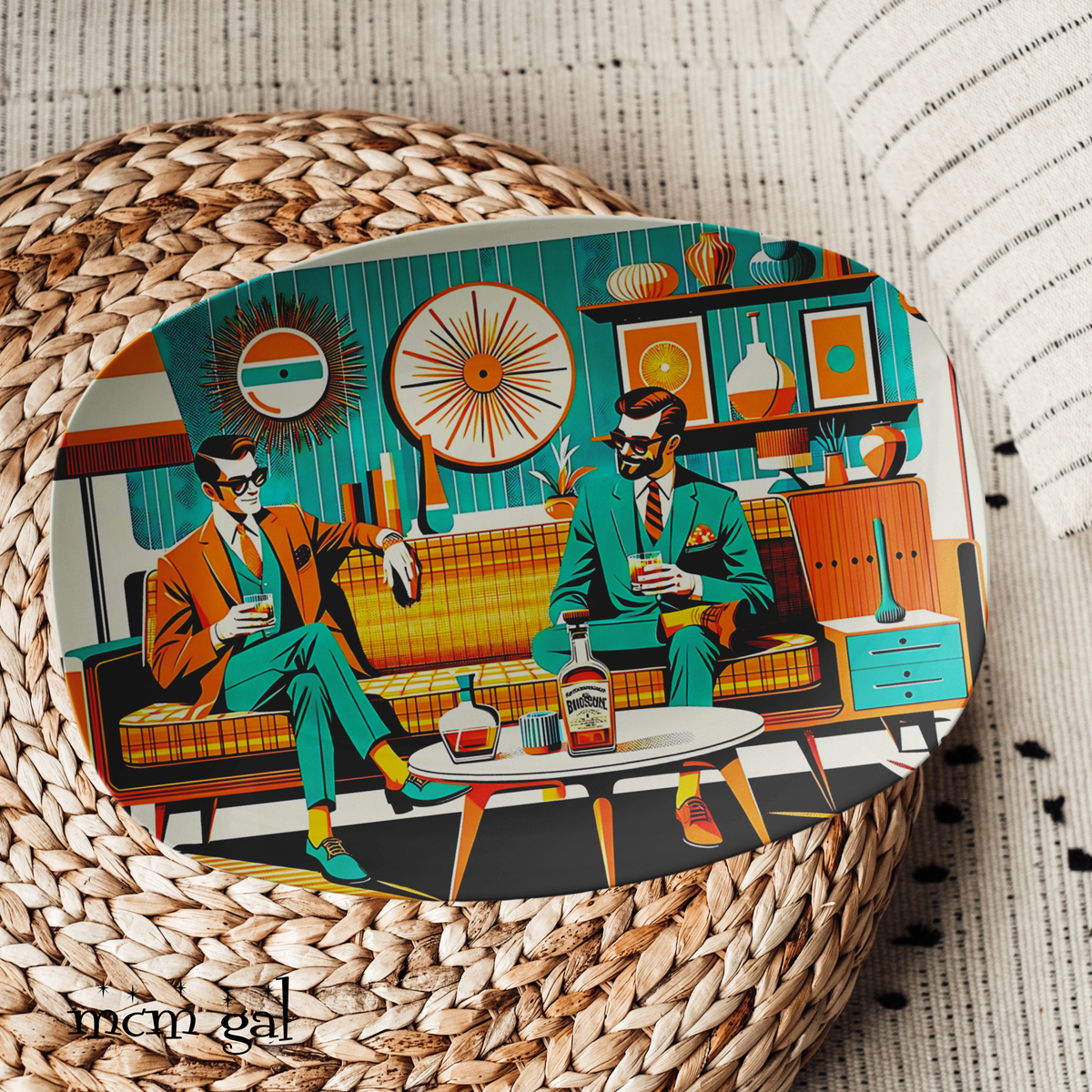 Mid Century Modern Party Platter, Two Dapper Fellows MCM Retro Orange Platter - Mid Century Modern Gal