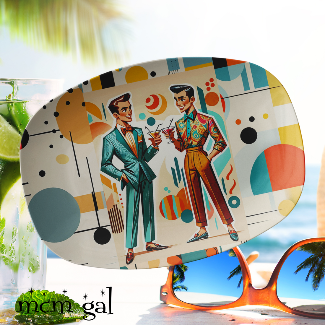 Mid Century Modern Bauhuas Mod Platter Featuring Dapper Dudes Having Cocktails - Mid Century Modern Gal