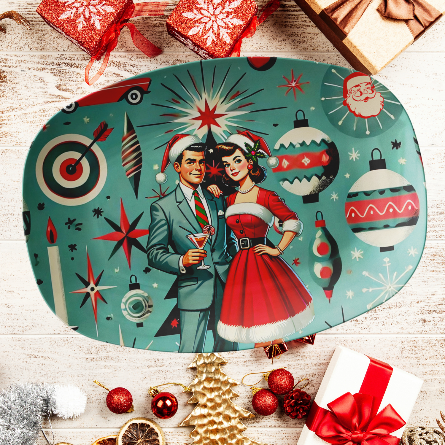 Mid Century Modern Vintage Christmas Party Platter, Kitschy Retro Mod Couple Holiday Party