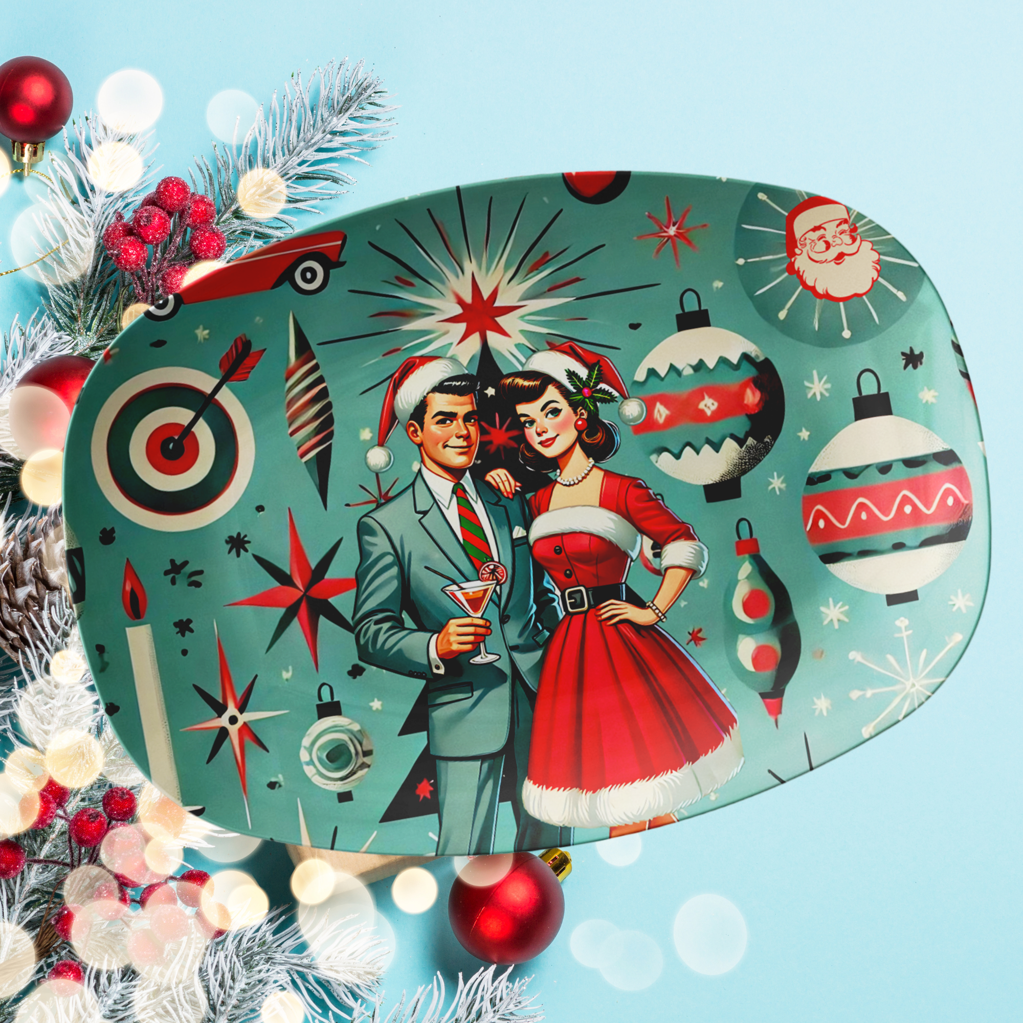 Mid Century Modern Vintage Christmas Party Platter, Kitschy Retro Mod Couple Holiday Party