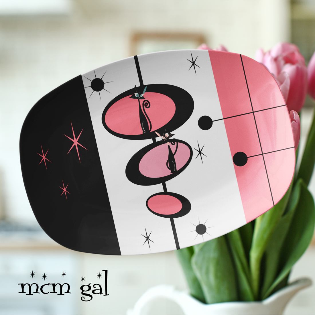 Atomic Cat Kitchen Mid Mod Party Platter, Black, Pink, White, Kitschy Retro Party Plate - Mid Century Modern Gal