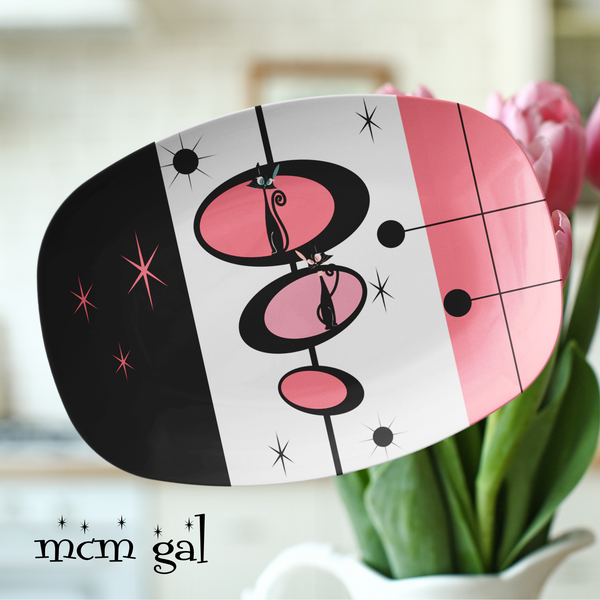 Atomic Cat Kitchen Mid Mod Party Platter, Black, Pink, White, Kitschy Retro Party Plate