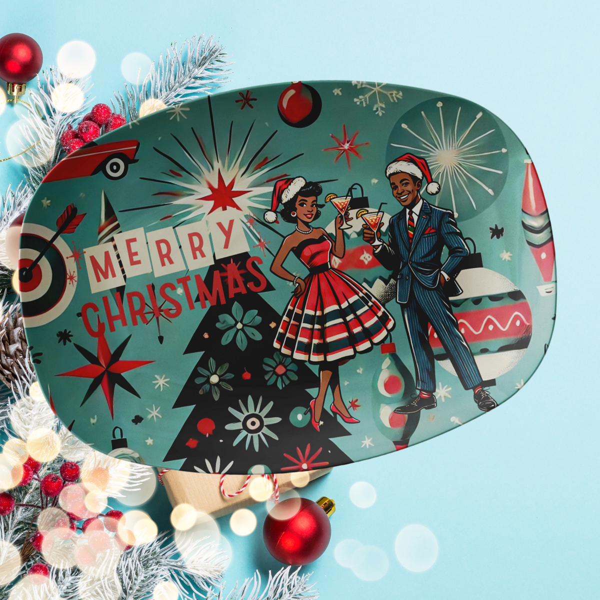 Mid Century Modern Christmas Party Platter, 50's Kitsch Black Couple Holiday Gifts - Mid Century Modern Gal