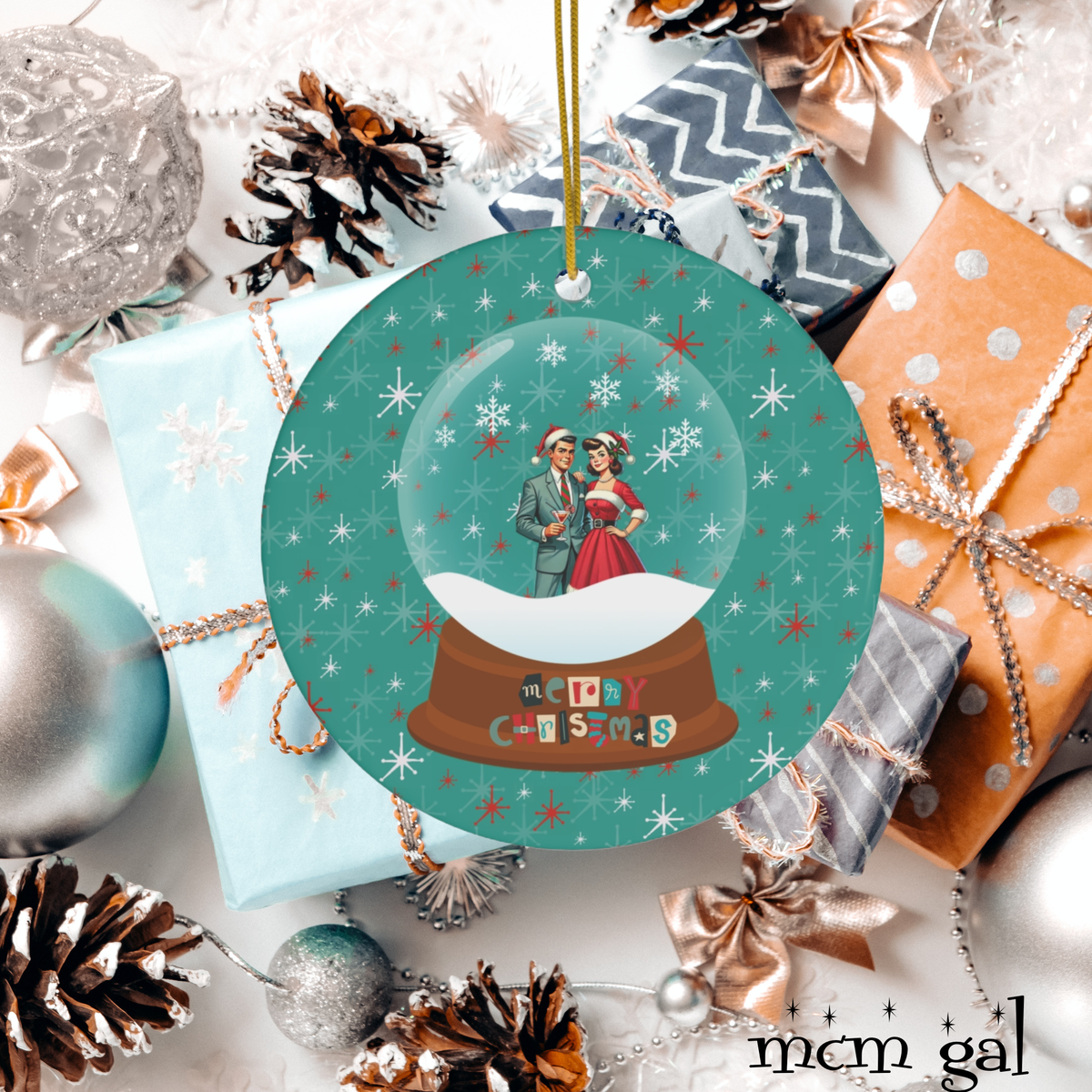 Mid Century Modern Couple, Christmas Kitschy Ceramic Ornament - Mid Century Modern Gal