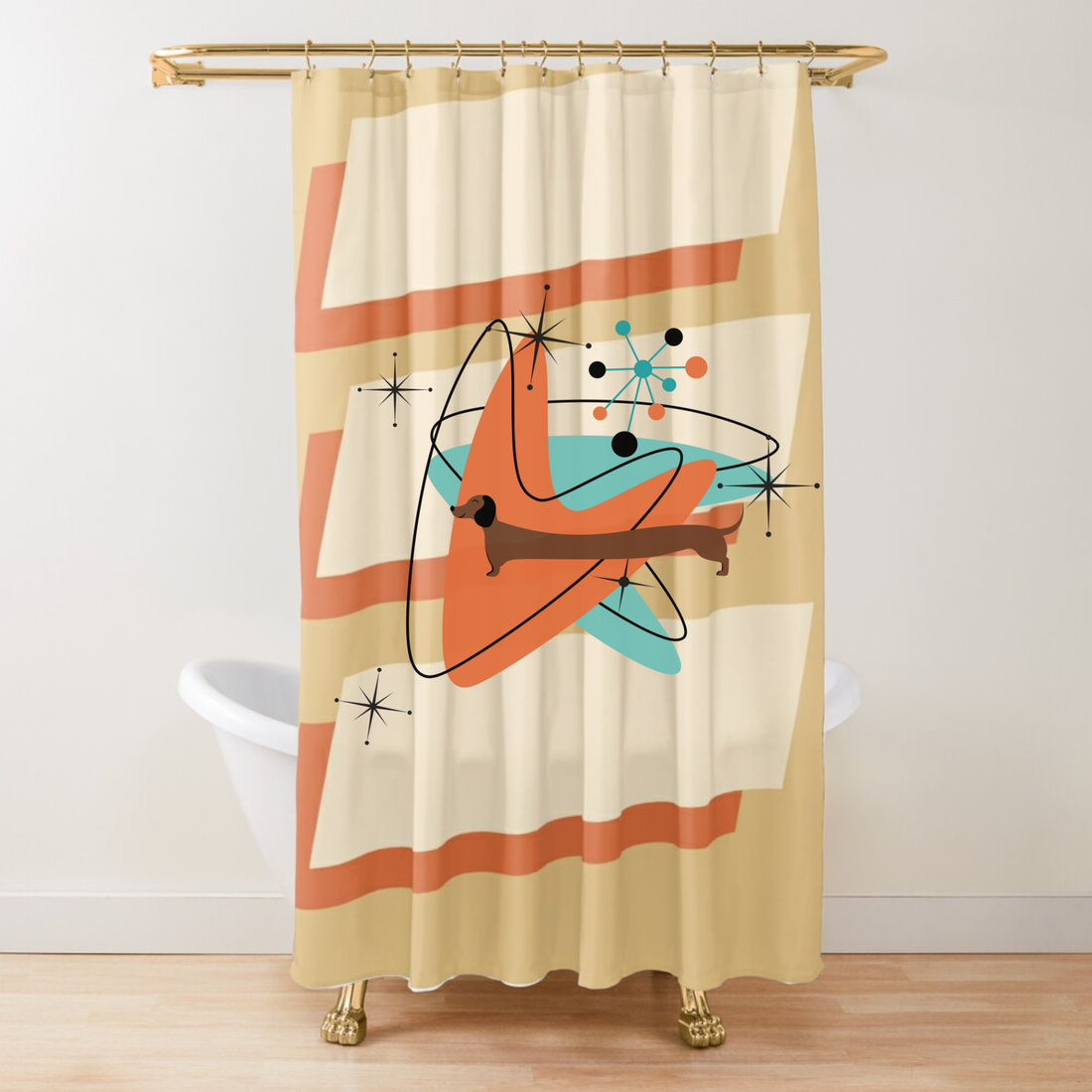 Doxie Dog Shower Curtain, Kitschy Mid Mod Retro Shower Curtain