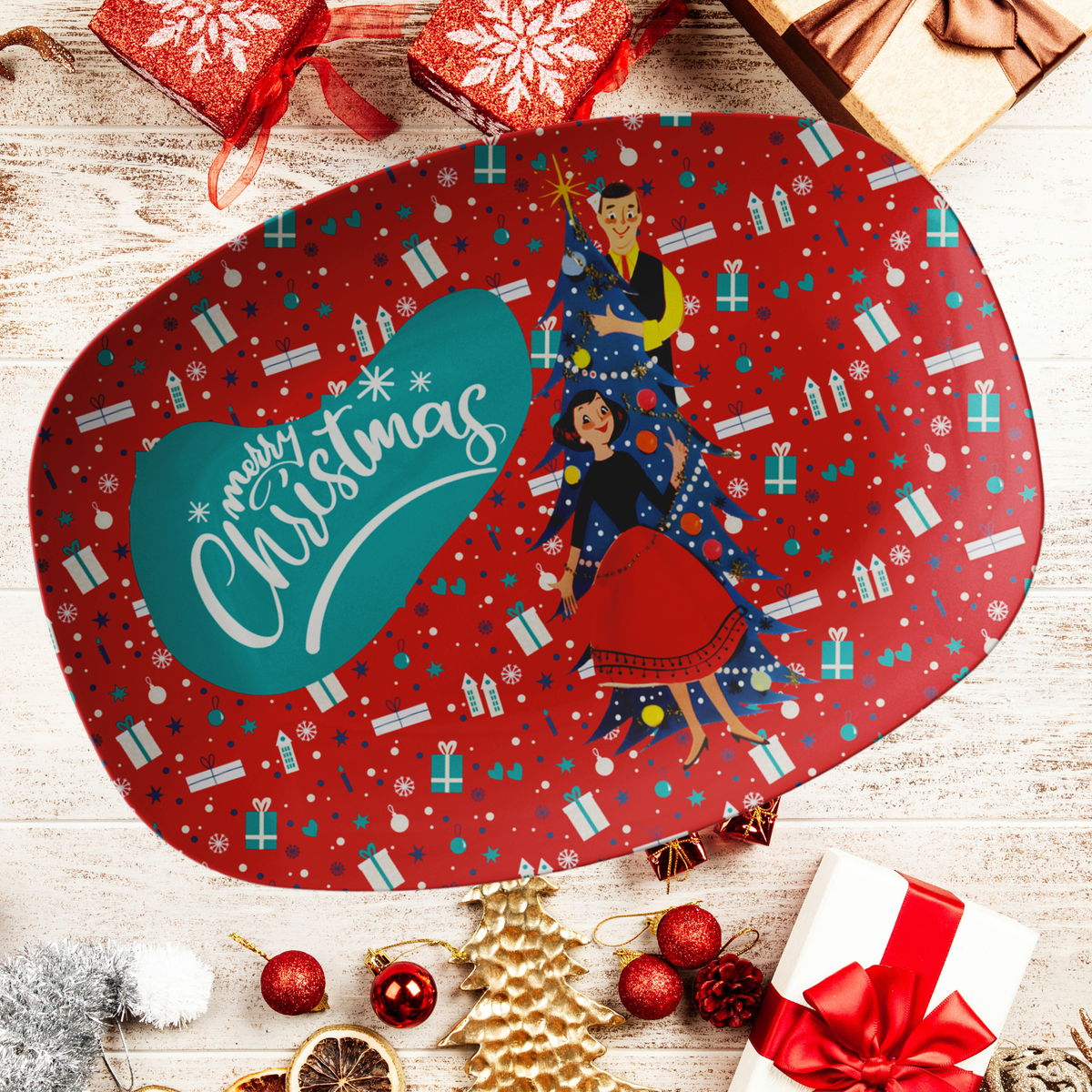 Mid Century Modern Christmas, Merry Christmas Kitschy 50s Party Platter Couples Gift - Mid Century Modern Gal