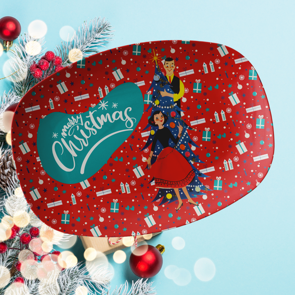 Mid Century Modern Christmas, Merry Christmas Kitschy 50s Party Platter Couples Gift